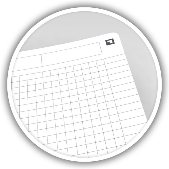 Close-up van een geruit vel papier met een grid van 5 mm, een titelvak en een hoek met een symbool.