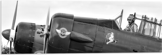 WallClassics - Acrylglas - Piloot in Klein Vliegtuigje in het zwart/wit - 90x30 cm Foto op Acrylglas (Wanddecoratie op Acrylaat)