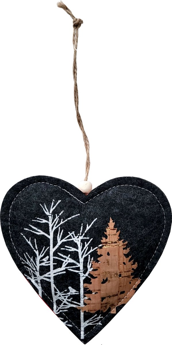 JEScollection - Decoratie hanger - hart- ornament - 12 x 12 cm - grijs/antraciet vilt met bomen opdruk - Detail van kurk met bladgoud - kerstboom - winter - kerst - kerststukje