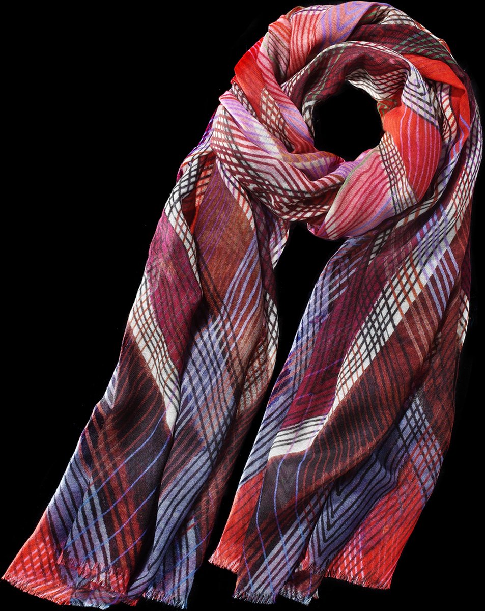 Zachte, dunne, wollen sjaal met grafische print in rood tinten