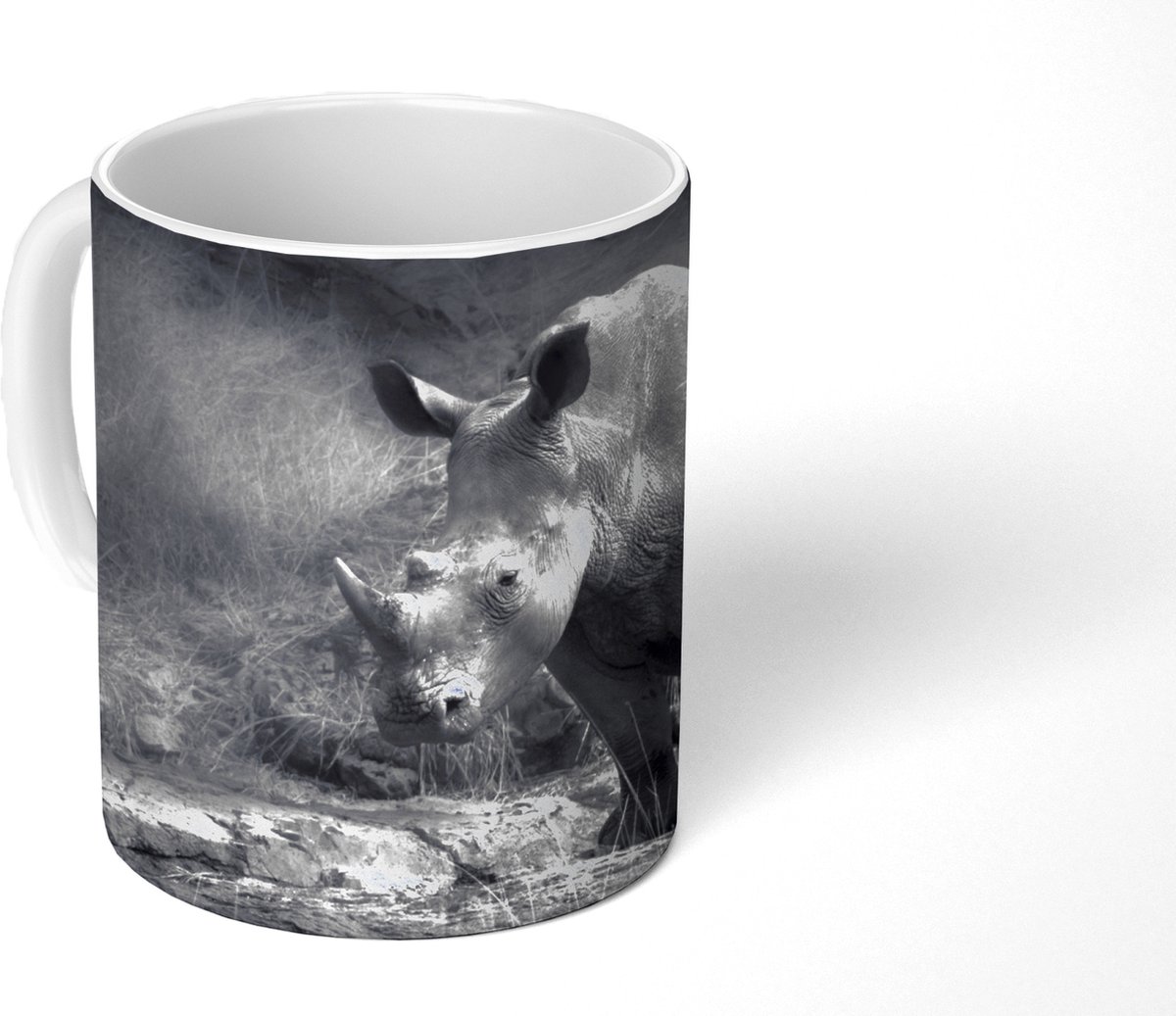 Mok - Koffiemok - Neushoorn - Natuur - Gras - Zwart - Wit - Mokken - 350 ML - Beker - Koffiemokken - Theemok