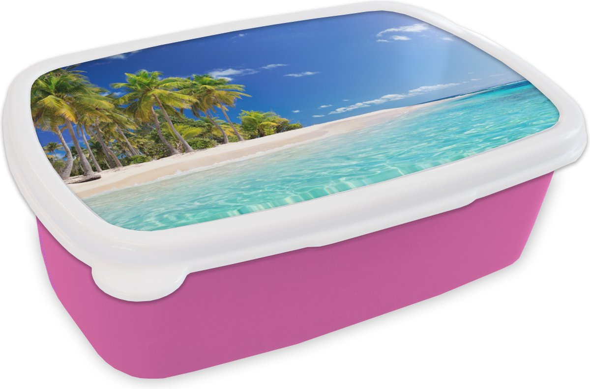 Broodtrommel Roze - Lunchbox - Brooddoos - Strand - Zee - Palmboom - 18x12x6 cm - Kinderen - Meisje