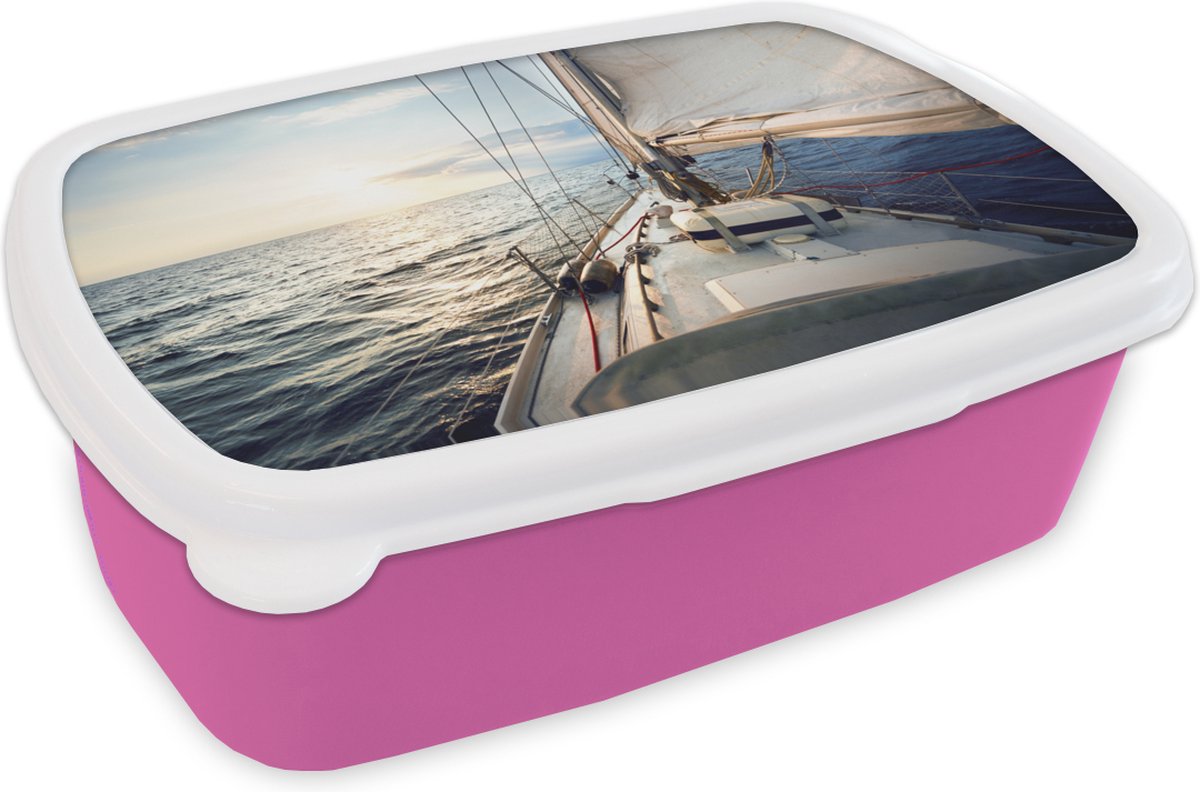 Broodtrommel Roze - Lunchbox - Brooddoos - Zee - Zeilboot - Zon - 18x12x6 cm - Kinderen - Meisje
