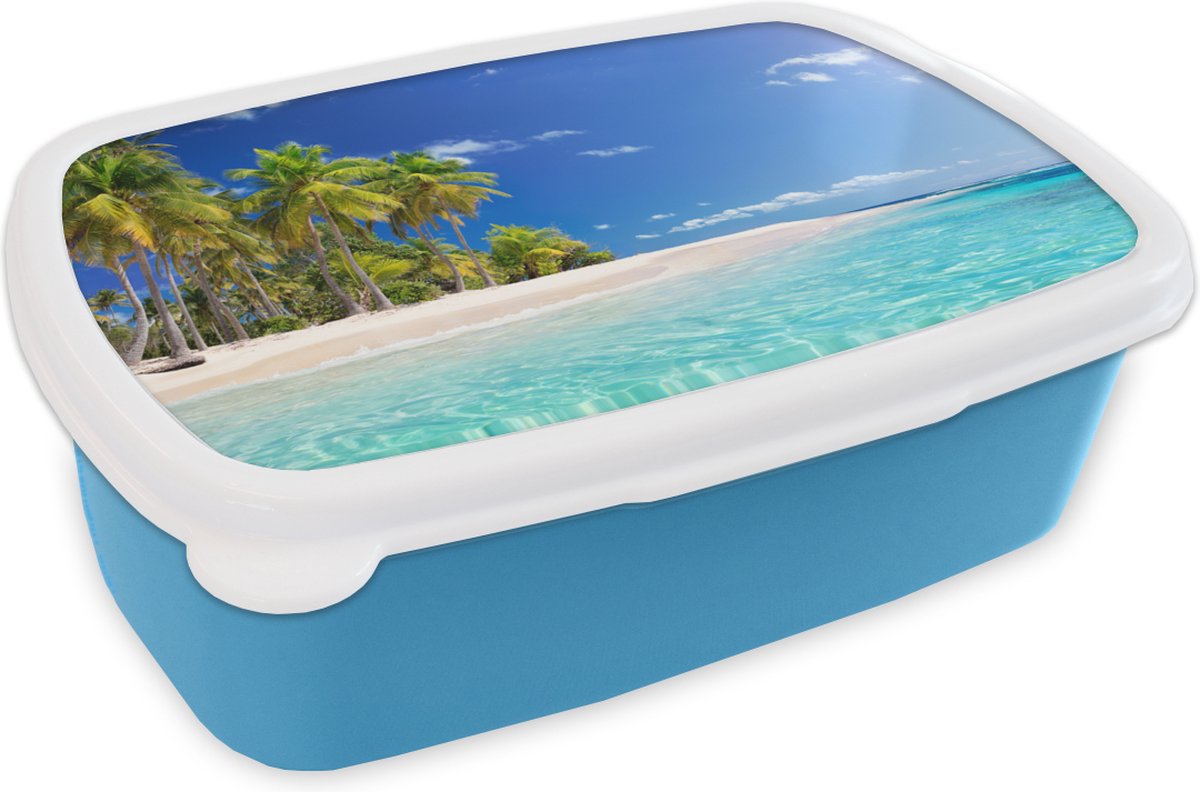 Broodtrommel Blauw - Lunchbox - Brooddoos - Strand - Zee - Palmboom - 18x12x6 cm - Kinderen - Jongen