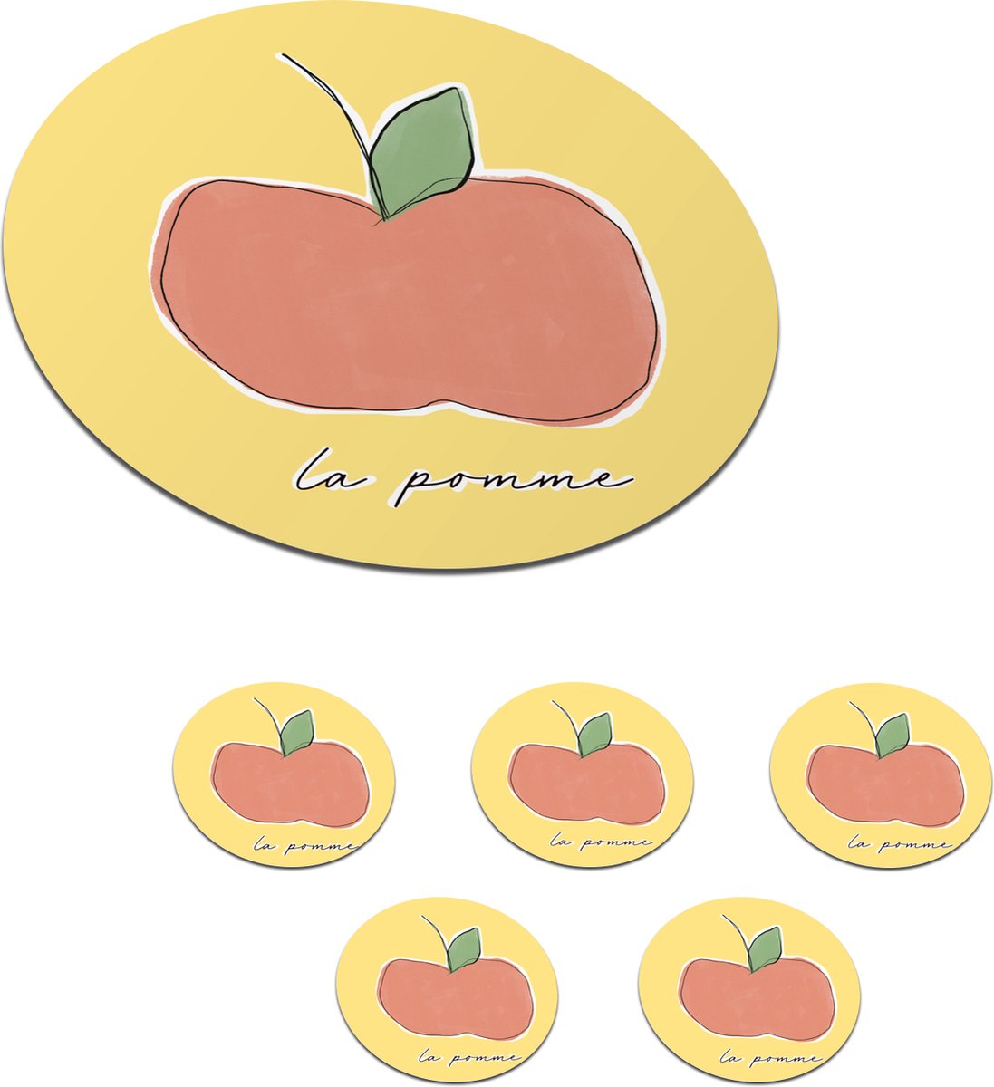 Onderzetters voor glazen - Rond - Appel - Fruit - Tekst - 10x10 cm - Glasonderzetters - 6 stuks