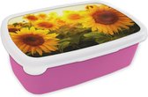 Broodtrommel Roze - Lunchbox - Brooddoos - Zonnebloem - Geel - Bloemen - Zon - 18x12x6 cm - Kinderen - Meisje