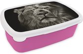Broodtrommel Roze - Lunchbox - Brooddoos - Leeuw - Dieren - Portret - Wild - Zwart wit - 18x12x6 cm - Kinderen - Meisje