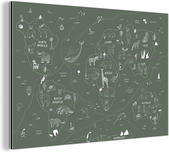 Wanddecoratie Metaal - Aluminium Schilderij Industrieel - Kaart - Wereld - Kinderen - Groen - 30x20 cm - Dibond - Foto op aluminium - Industriële muurdecoratie - Voor de woonkamer/slaapkamer