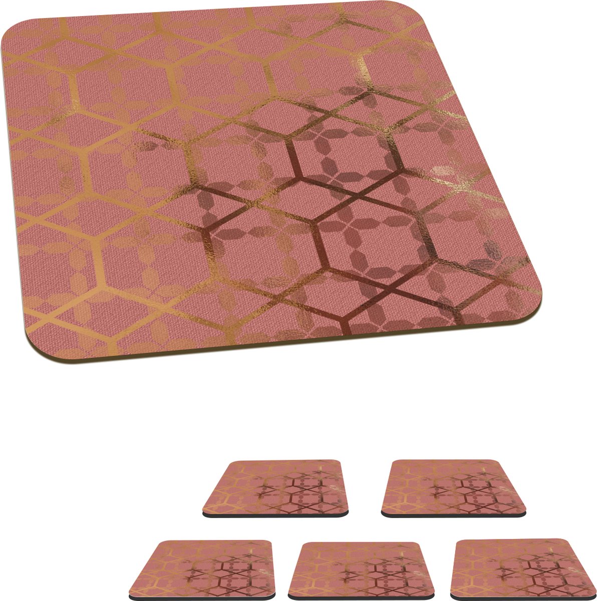 Onderzetters voor glazen - Design - Roze - Goud - 10x10 cm - Glasonderzetters - 6 stuks