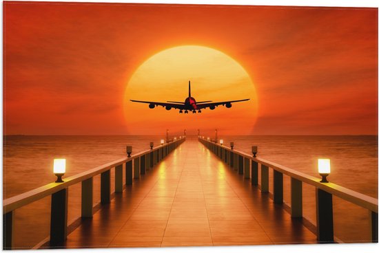 WallClassics - Vlag - Vliegtuig vliegend boven Vlonder met Grote Zon - 75x50 cm Foto op Polyester Vlag