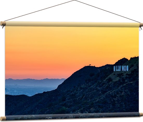 WallClassics - Textielposter - Hollywood Sign met Zonsondergang - 90x60 cm Foto op Textiel
