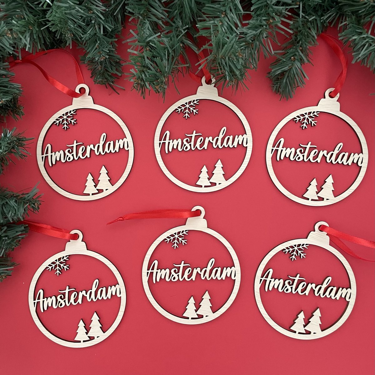 Houten Kersthangers Set Amsterdam 6 Stuks - Kerst - Kerstbal - Hout - Kerstboom - Houten Decoratie - Kerstmis - Kerstdecoratie - Kerst ornament – Versiering