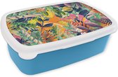 Broodtrommel Blauw - Lunchbox - Brooddoos - Bloemen - Jungle - Tropisch - 18x12x6 cm - Kinderen - Jongen
