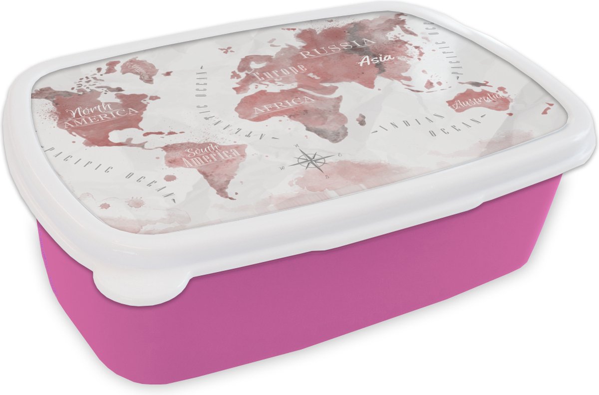 Broodtrommel Roze - Lunchbox - Brooddoos - Wereldkaart - Verf - Roze - 18x12x6 cm - Kinderen - Meisje