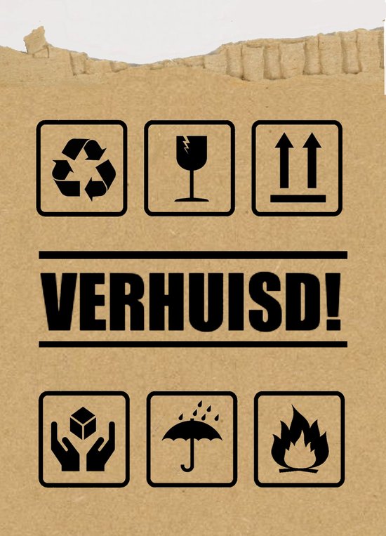 Verhuiskaart met zes symbolen: recyclen, breekbaar, omhoog wijzen, zorgvuldig hanteren, bescherm tegen vocht, bescherm tegen vuur. Tekst: VERHUISD!