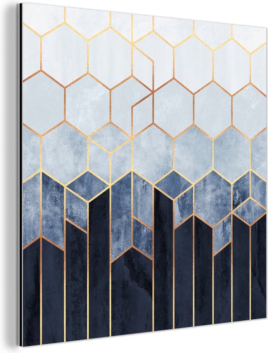 Wanddecoratie Metaal - Aluminium Schilderij Industrieel - Hexagon - Gold - Luxe - Patronen - 90x90 cm - Dibond - Foto op aluminium - Industriële muurdecoratie - Voor de woonkamer/slaapkamer