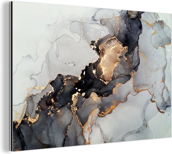 Wanddecoratie Metaal - Aluminium Schilderij Industrieel - Zwart - Marmer - Luxe - Goud - 60x40 cm - Dibond - Foto op aluminium - Industriële muurdecoratie - Voor de woonkamer/slaapkamer