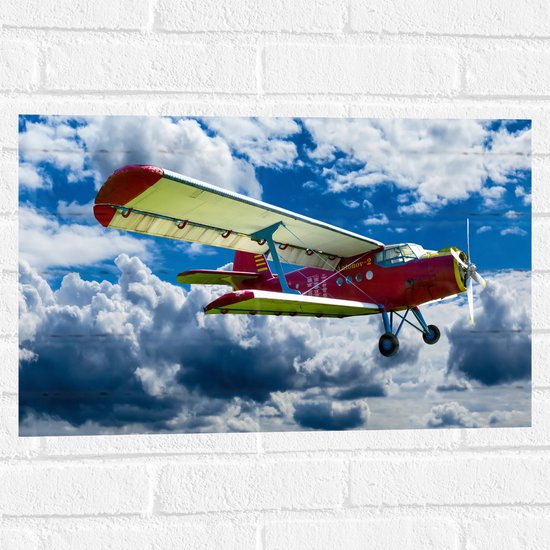 Detailopname van een rood-geel Antonov-2 vliegtuigvliegtuig in de lucht, geprint op een witte bakstenen muur.