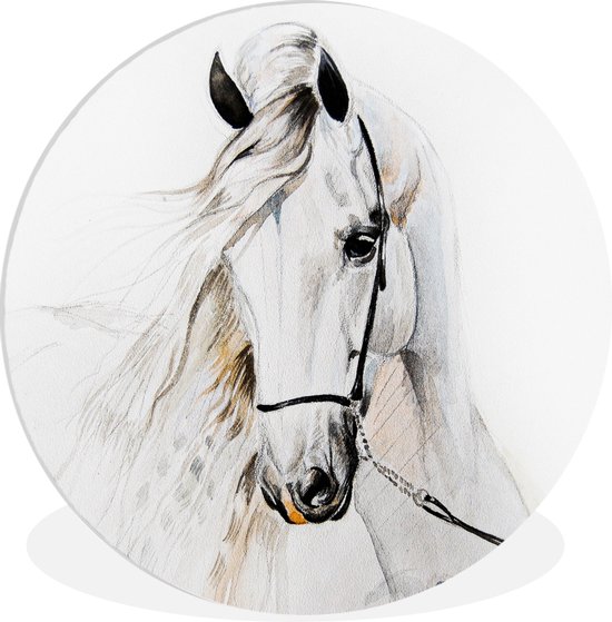 Wandcirkel kinderen - Muurdecoratie kinderkamer - Paard - Waterverf - Dieren - Wit - Wandcirkel paard - ⌀ 60 cm - Kunststof