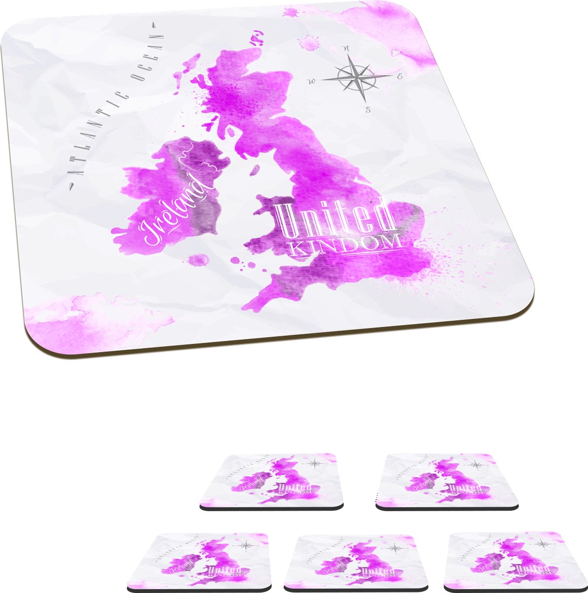 Onderzetters voor glazen - Wereldkaart - Engeland - Roze - 10x10 cm - Glasonderzetters - 6 stuks