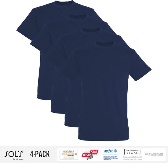 4 Pack Sol's Heren T-Shirt 100% biologisch katoen Ronde hals Navy Blue Maat S