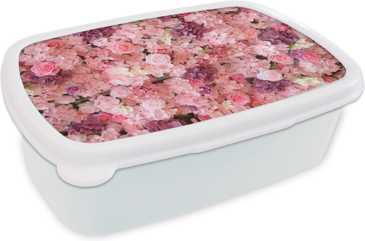 Broodtrommel Wit - Lunchbox - Brooddoos - Bloemen - Roze - Rozen - 18x12x6 cm - Volwassenen