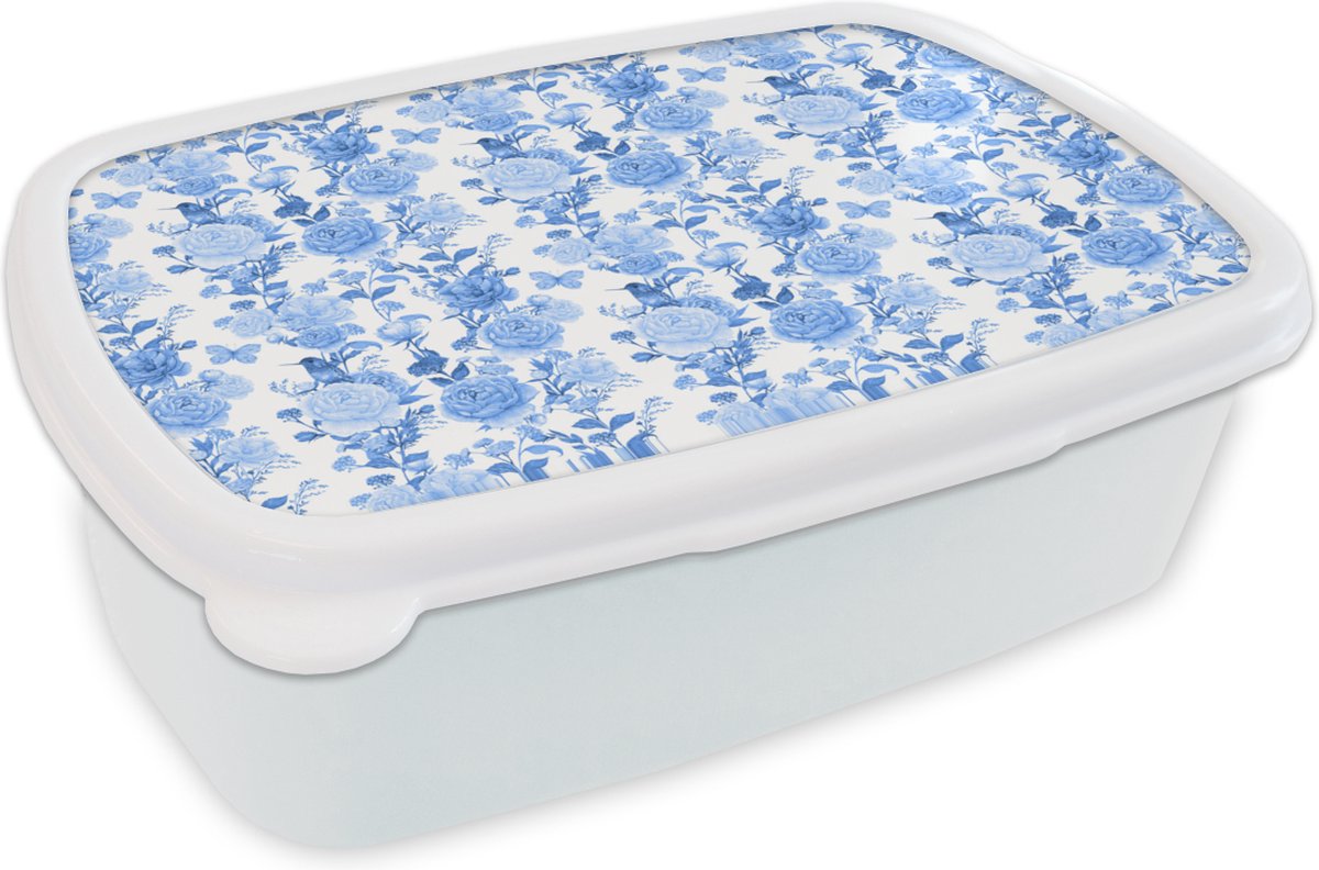 Broodtrommel Wit - Lunchbox - Brooddoos - Bloemen - Blauw - Rozen - 18x12x6 cm - Volwassenen
