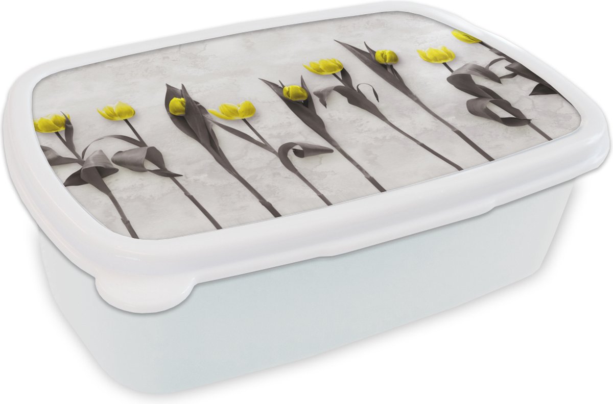 Broodtrommel Wit - Lunchbox - Brooddoos - Bloemen - Tulpen - Marmer - 18x12x6 cm - Volwassenen