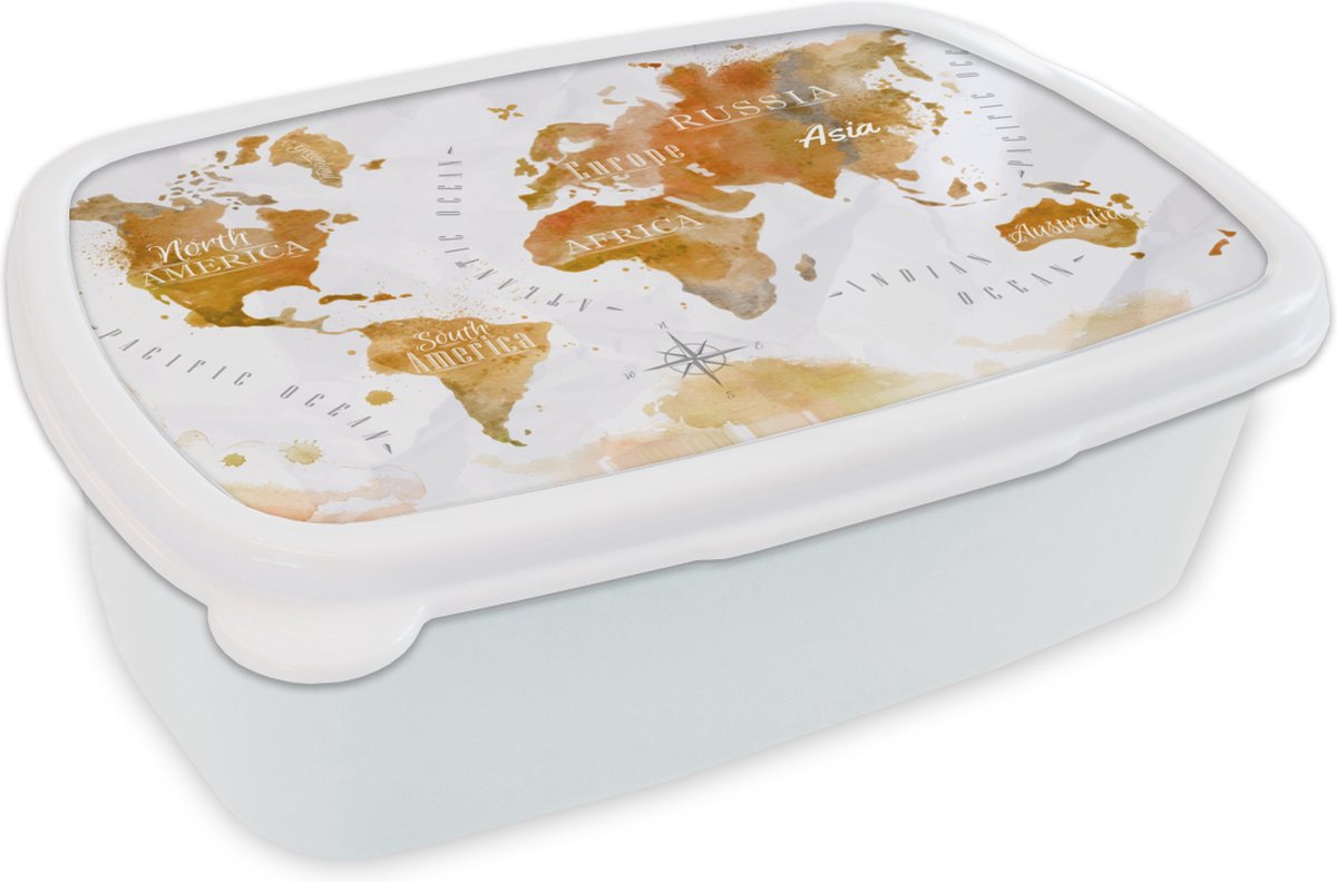 Broodtrommel Wit - Lunchbox - Brooddoos - Wereldkaart - Bruin - Verf - 18x12x6 cm - Volwassenen