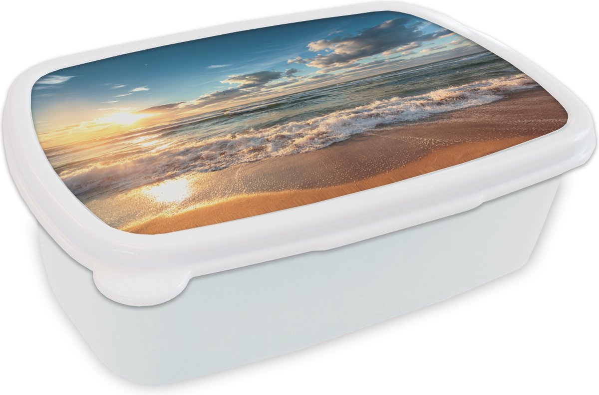 Broodtrommel Wit - Lunchbox - Brooddoos - Strand - Zee - Zonsondergang - 18x12x6 cm - Volwassenen