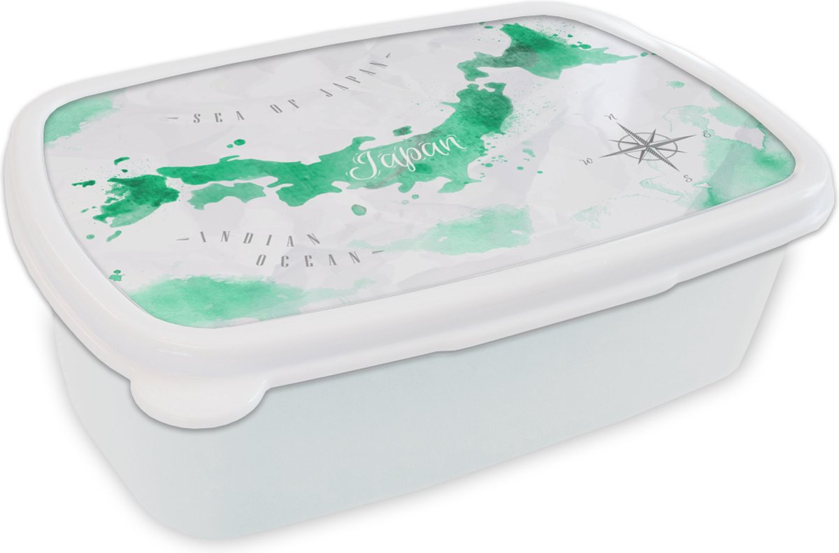 Broodtrommel Wit - Lunchbox - Brooddoos - Wereldkaart - Groen - Windroos - 18x12x6 cm - Volwassenen