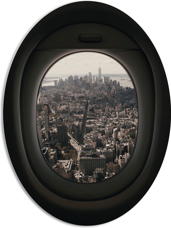 WallClassics - PVC Schuimplaat Ovaal - Uitzicht over Wereldstad vanuit Vliegtuig - 51x68 cm Foto op Ovaal  (Met Ophangsysteem)