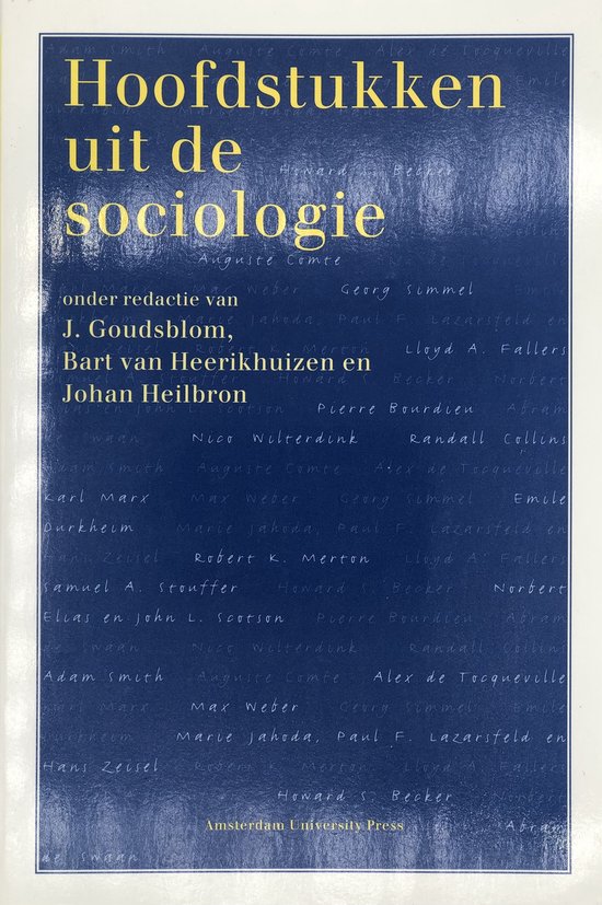 Livre intitulé 'Hoofdstukken uit de sociologie' en grandes lettres jaunes sur fond bleu foncé. Les noms de sociologues sont en dessous en lettres blanches.