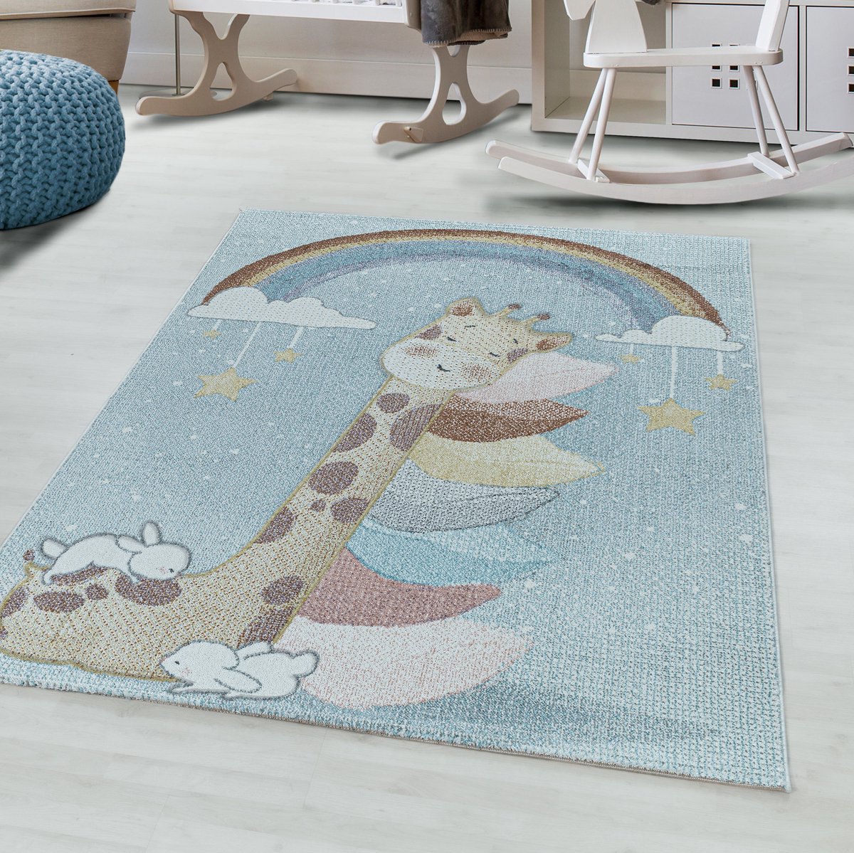 flycarpets Kids Vloerkleed Kinderkamer Giraf en Regenboog - Speelkleed / Speelmat - Laagpolig - Blauw / Multi - 80x150 cm