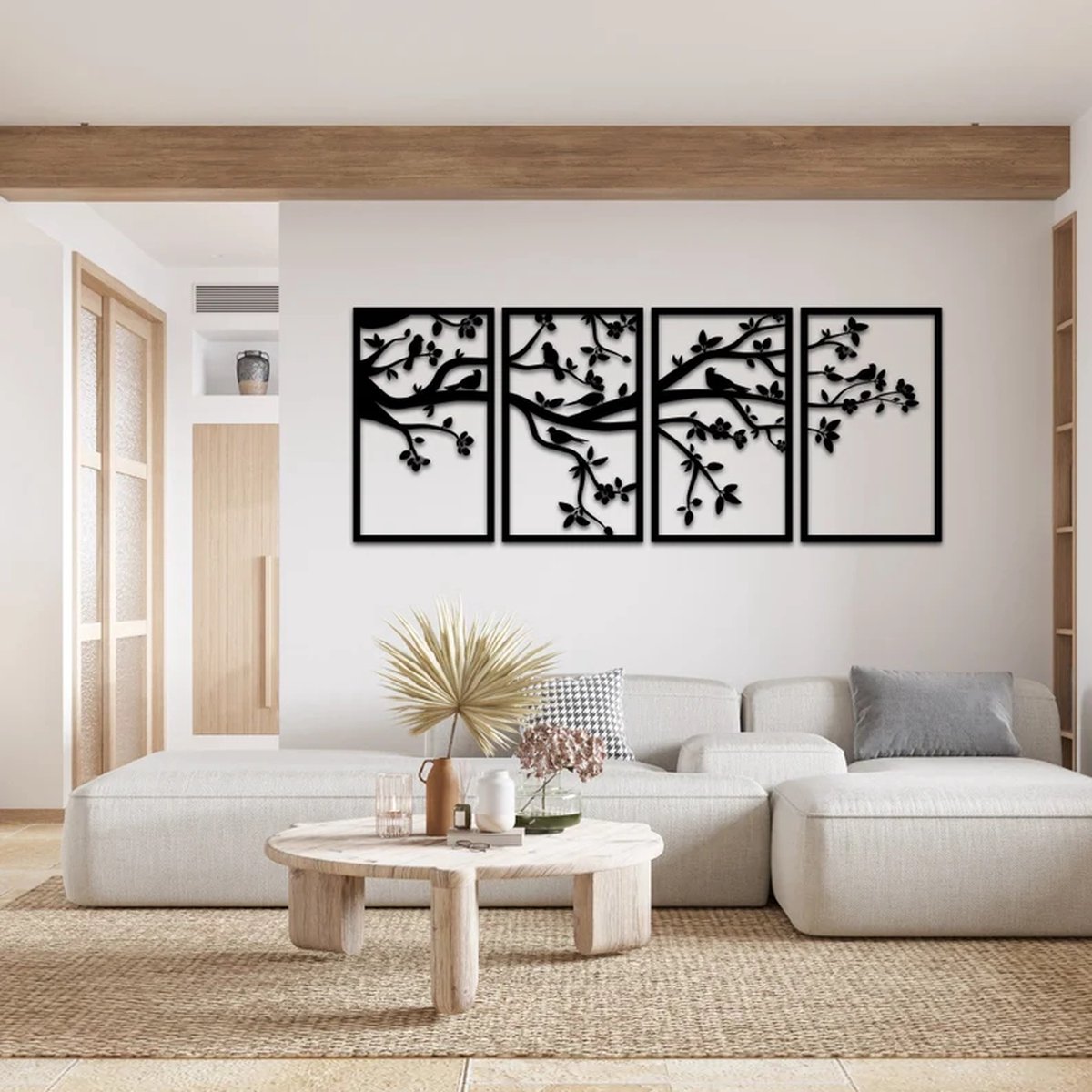Metalen Wanddecoratie Levensboom Panelen – 3D Wandkunst – Zwart – 98 x 250 cm – Set van 4