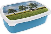 Broodtrommel Blauw - Lunchbox - Brooddoos - Trekker - Boom - Bloemen - 18x12x6 cm - Kinderen - Jongen