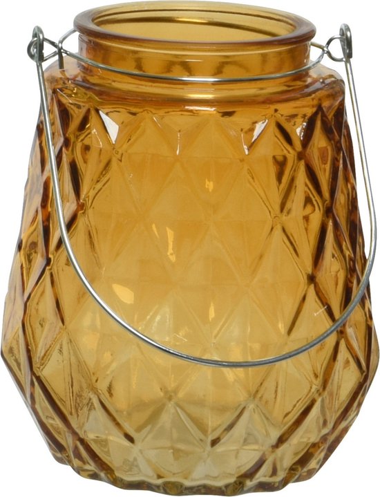 Decoris Waxinelichthouder - ruitjes glas - oranje - 11 x 13 cm - handvat