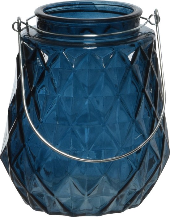 Decoris Waxinelichthouder - ruitjes glas - donkerblauw - metalen handvat - 11 x 13 cm