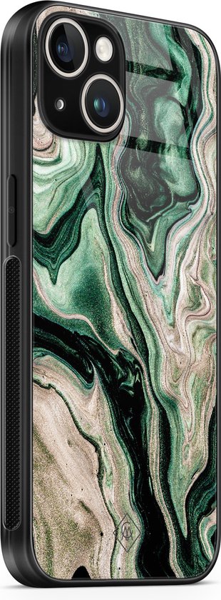 Coque iPhone 14 verre - Marbre vert / Marbre - Vert - Hard Case Zwart - Coque arrière pour téléphone - Water - Casimoda