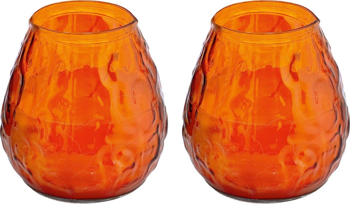 Trend Candles Windlicht kaars - 2x - oranje - 48 branduren - Glas - 10 x 10 cm - Terraskaarsen/tuinkaarsen
