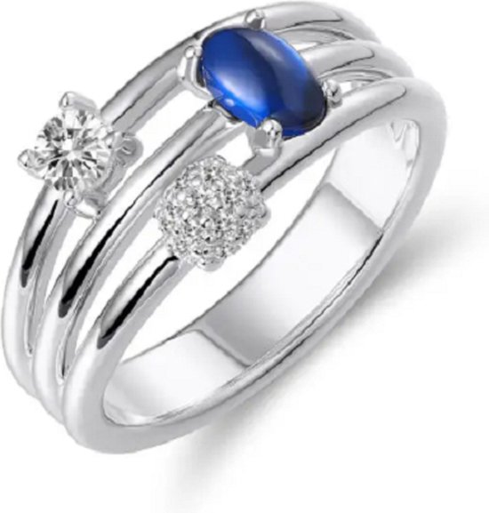 Schitterende Zilveren Brede Stapel Ring met Ovaal Blauwe Steen en Zirkonia 's mm.