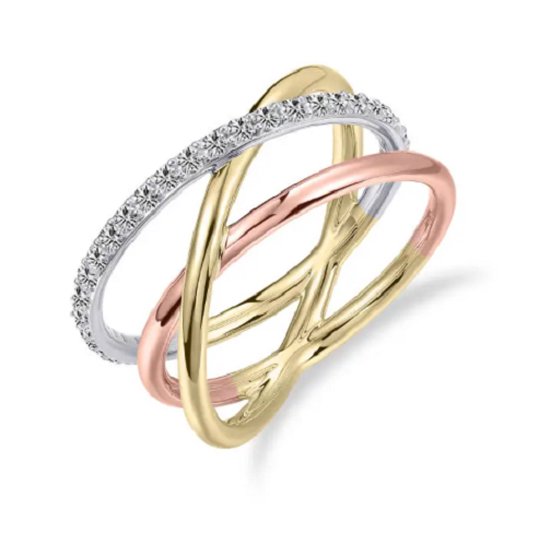 Superbe Ring Luxe Tricolore 3 Anneaux Or 14K Brillant 19.00 mm. (taille 60) modèle 276