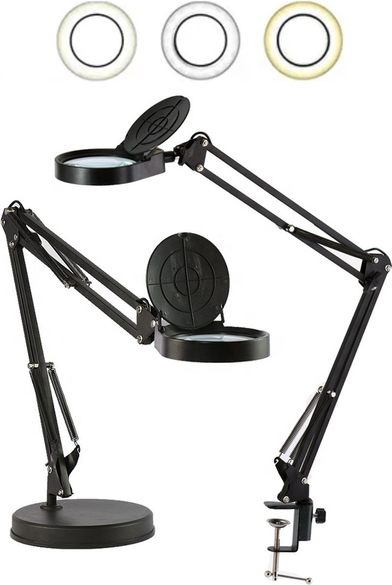 Loeplamp met LED verlichting - 2in1 XXL-editie - Professioneel - met Tafelklem - met Verlichting - met Standaard - Vergrootglas met Verlichting - voor Kinderen, Volwassenen & Senioren - Zwart