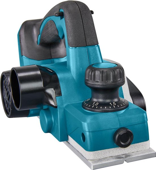Turquoise Makita schaafmachine met een zwarte handgreep en verstelknop.