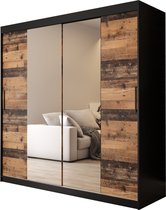 InspireMe - Kledingkast met 2 schuifdeuren, Modern-stijl, Een kledingkast met planken en een spiegel (BxHxD): 200x200x62 - ALTER T1 200 Zwart Mat + Oude Stijl Hout