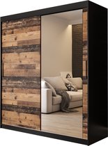 InspireMe - Kledingkast met 2 schuifdeuren, Modern-stijl, Een kledingkast met planken en een spiegel (BxHxD): 180x200x62 - ALTER T2 180 Zwart Mat + Oude Stijl Hout