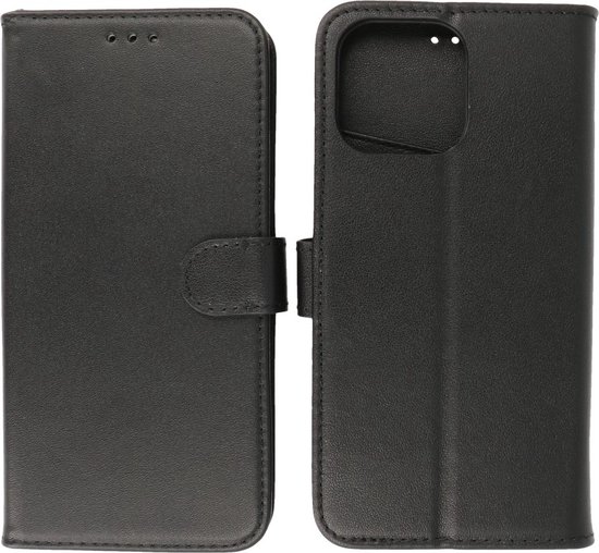 Étui portefeuille noir en cuir véritable, ouvert avec support de téléphone.