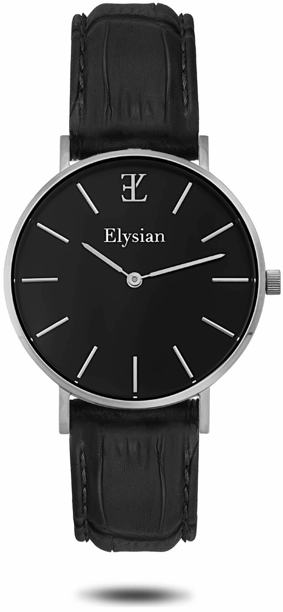 Elysian - Horloge Dames - Zilveren - Zwart Croco Leer - Waterdicht - 36mm - Cadeau Voor Vrouw