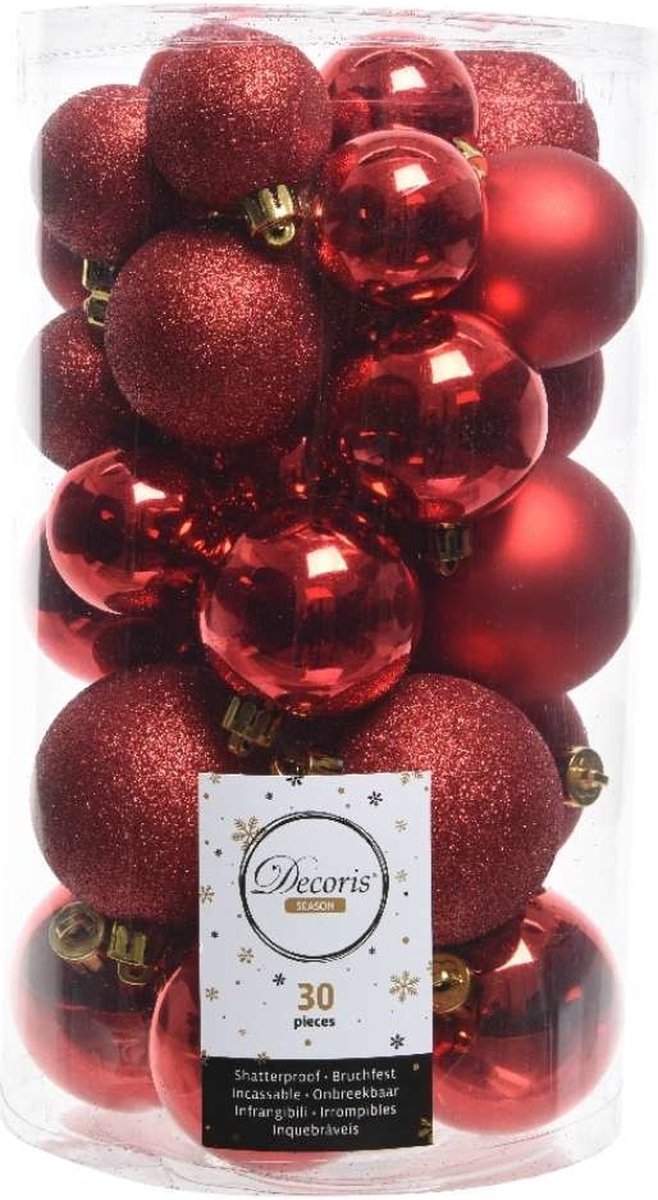 Decoris Kerstbal 30 st. Plastic Gl-Mt-Glitter Kerstrood assorted