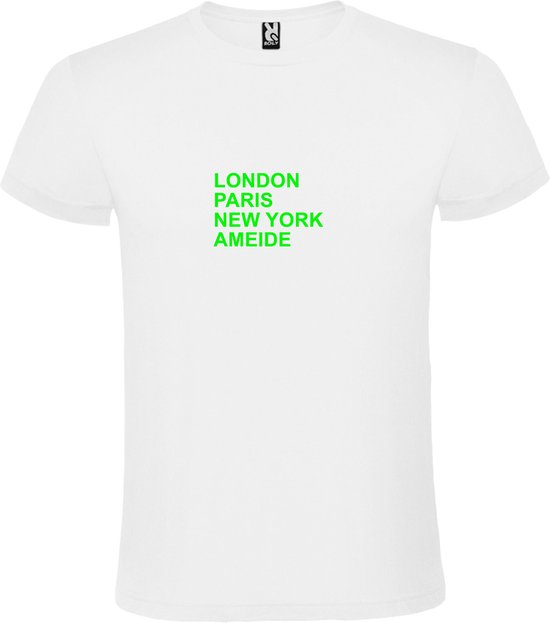 Wit T-Shirt met “ LONDON, PARIS, NEW YORK, AMEIDE “ Afbeelding Neon Groen Size XXXXXL